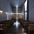 Serene Christian Church Interior Featuring Concrete Walls Wooden Benches Cross Natural Lighting And Wooden Floor