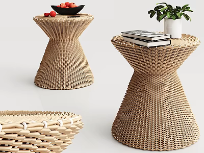 Woven Round Side Tables With Tapered Bases Holding Fruit Bowl Books And Potted Plant 3d model