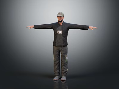 Man Wearing Cap Black Jacket With White Letters Gray Pants Arms Outstretched Gray Background 3d model