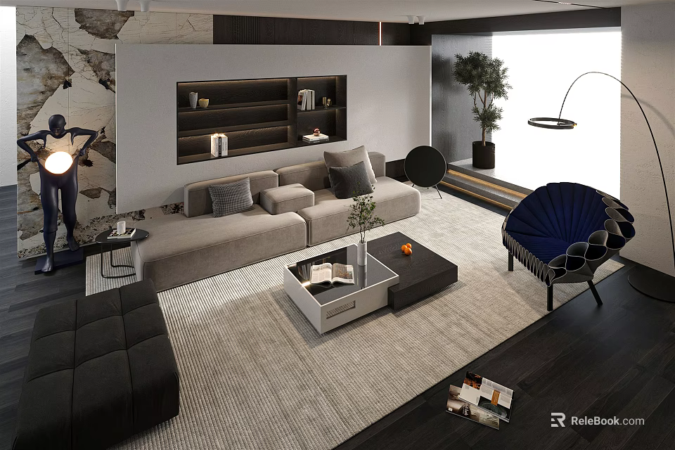 Modern Gray Sofa And Coffee Table In Living Room With Bookshelf Floor Lamp And Green Plant 3d model 