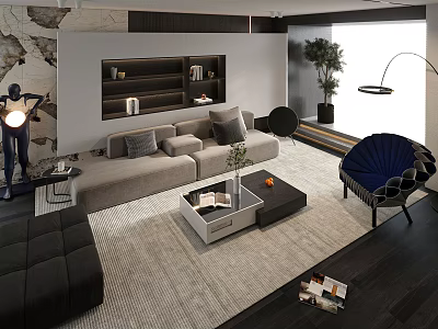 Modern Gray Sofa And Coffee Table In Living Room With Bookshelf Floor Lamp And Green Plant 3d model