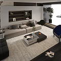 Modern Gray Sofa And Coffee Table In Living Room With Bookshelf Floor Lamp And Green Plant