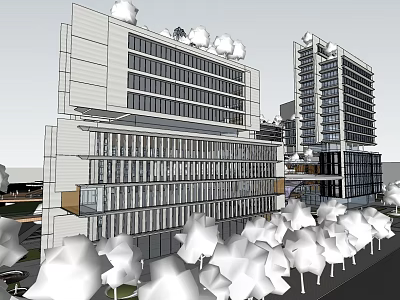 Modern Office Building Exterior With Glass Curtain Walls And Landscaped Greenery Trees 3d model