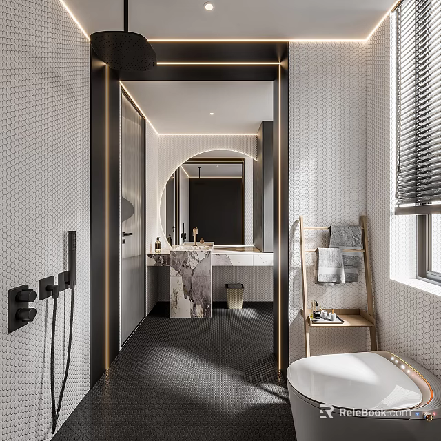 Modern Bathroom Interior With Marble Countertop Large Mirror Tiled Walls Lighting And Bathtub 3d model 