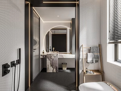 Modern Bathroom Interior With Marble Countertop Large Mirror Tiled Walls Lighting And Bathtub 3d model