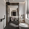 Modern Bathroom Interior With Marble Countertop Large Mirror Tiled Walls Lighting And Bathtub