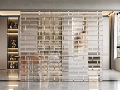 Elegant Modern Interior Design With Wooden Slat Partition And Light Reflections 3d model