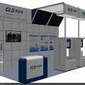 GLB Exhibition Booth With Modern White Blue Design And Display Screens Tables Chairs