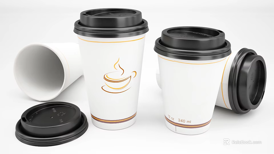 White Paper Cups With Black Lids Orange Coffee Cup Logo And Striped 340ml 3d model 