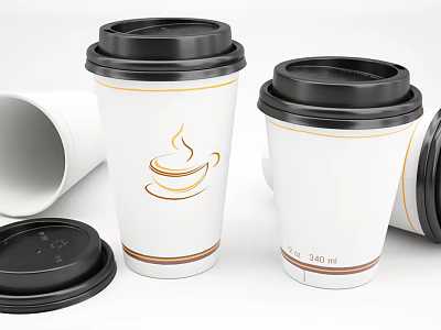 White Paper Cups With Black Lids Orange Coffee Cup Logo And Striped 340ml 3d model