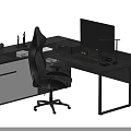 Modern Black Office Desk Setup With Ergonomic Chair And Computer Monitor