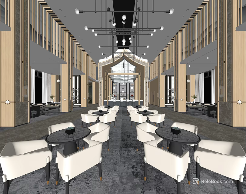 Modern Lounge Area Interior With Round Tables White Chairs And Pendant Lights 3d model 