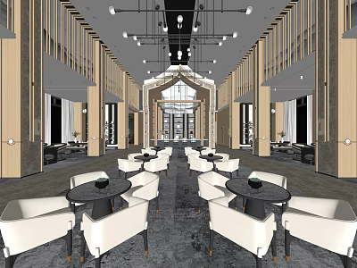 Modern Lounge Area Interior With Round Tables White Chairs And Pendant Lights 3d model