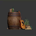 Rustic Wooden Rocking Chair with Wooden Barrel Lantern Acoustic Guitar and Potted Plant on Rug