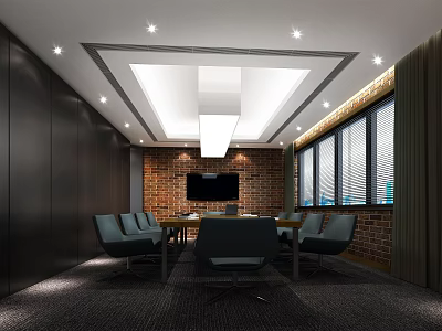 Modern Conference Room Interior With Brick Wall TV Screen Windows Blinds And Conference Table 3d model