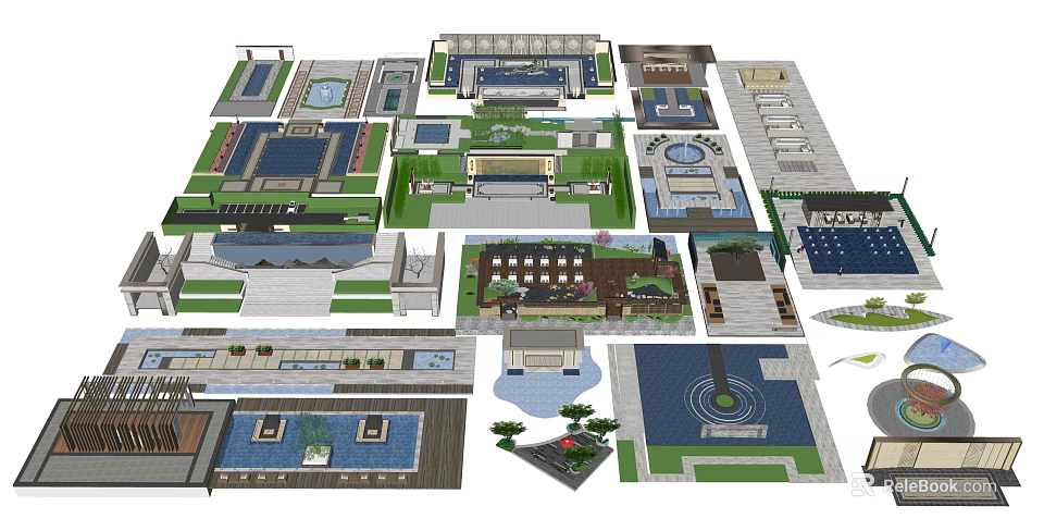 Diverse Plaza Landscape Designs Featuring Water Features Greenery And Paving Layouts 3d model 