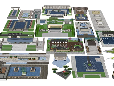 Diverse Plaza Landscape Designs Featuring Water Features Greenery And Paving Layouts 3d model
