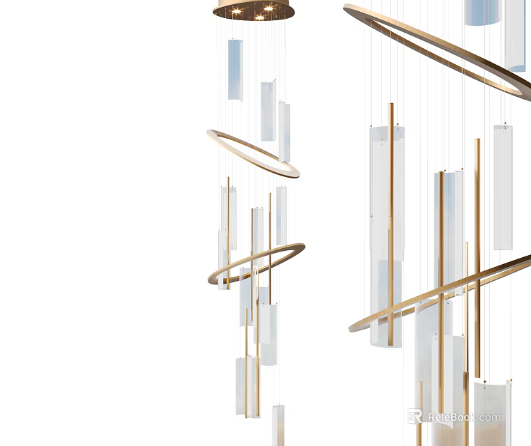 Modern Golden Ring Chandelier With Long Clear Glass Tubes And Sleek Hanging Design 3d model 