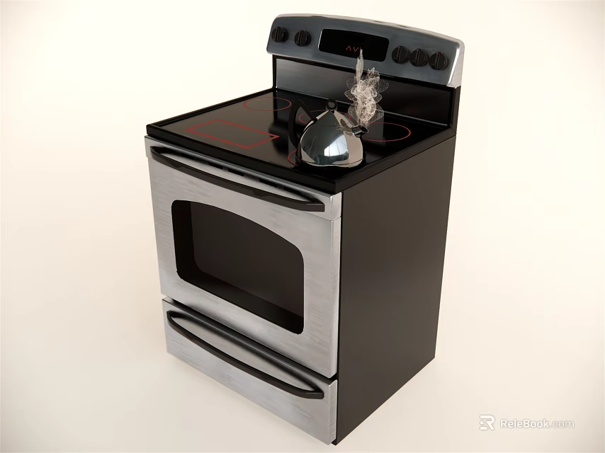 Modern Kitchen Cabinets Featuring Black Silver Oven With Kettle Emitting Steam 3d model 