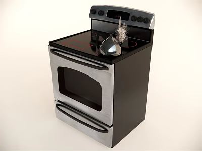 Modern Kitchen Cabinets Featuring Black Silver Oven With Kettle Emitting Steam 3d model