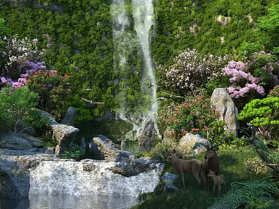 Park Landscape With Waterfall Lush Greenery Pink White Flowers Deer Family And Small Pond 3d model