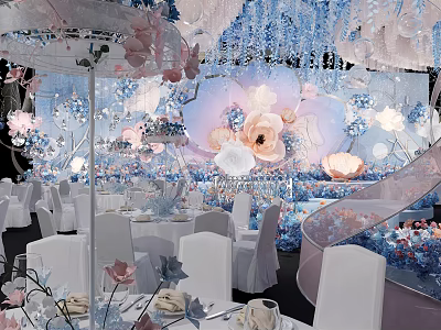 Elegant Banquet Hall With Floral Decorations Hanging Installations And White Chairs 3d model