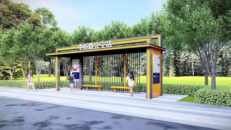 Zhonghe Road Bus Station featuring yellow shelter structure surrounded by trees and grass 3d model 