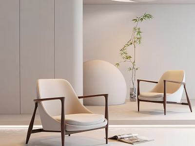 Modern Lounge Chair With Cream Cushion Dark Wooden Frame Light Gray Wall And Green Plant 3d model