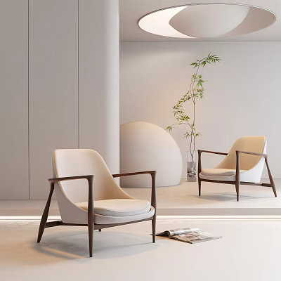 Modern Lounge Chair With Cream Cushion Dark Wooden Frame Light Gray Wall And Green Plant 3d model