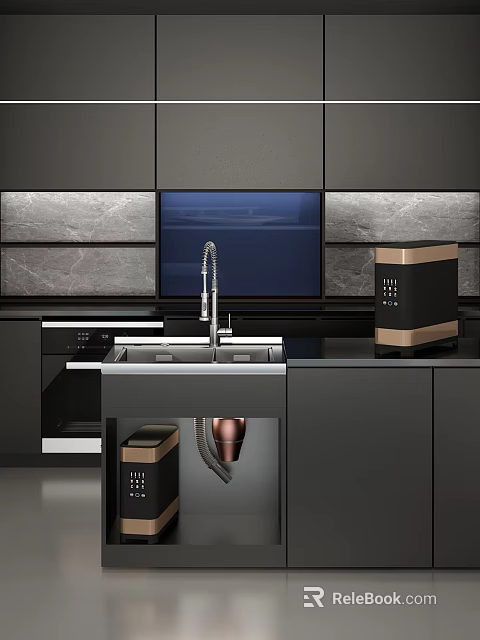 Modern Kitchen Interior With Black Cabinets Marble Wall Sink Faucet And Appliances 3d model 