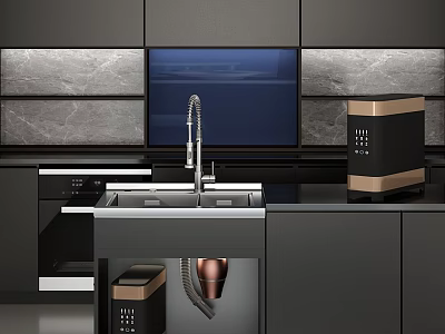Modern Kitchen Interior With Black Cabinets Marble Wall Sink Faucet And Appliances 3d model