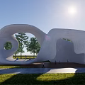 Modern Outdoor Children's Play Area With Curved White Structure Green Grass And Wooden Floor