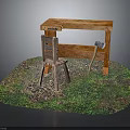 Rustic Outdoor Wooden Workbench With Chair Axe Grass And Gravel Ground