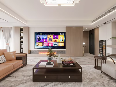 Modern Living Dining Room Interior With Sofa Coffee Table TV And Chandelier 3d model