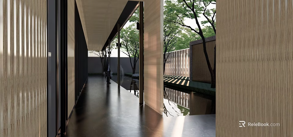 Modern Garden Landscape With Corridor Water Reflections Trees Wooden Structures And Light Effects 3d model 