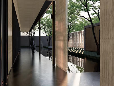Modern Garden Landscape With Corridor Water Reflections Trees Wooden Structures And Light Effects 3d model