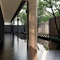 Modern Garden Landscape With Corridor Water Reflections Trees Wooden Structures And Light Effects