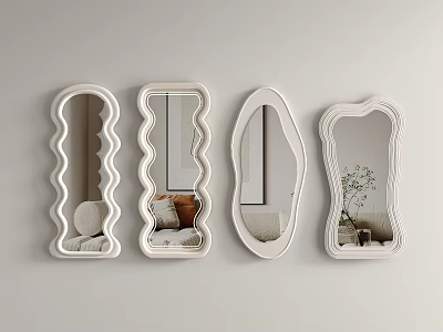 Four Stylish White Framed Mirrors With Different Decorative Shapes On Wall 3d model
