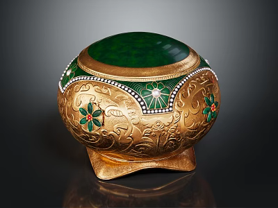 Golden Decorative Furniture Accent With Green Lid Ornate Patterns And Colored Gemstone Inlays 3d model