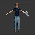 Game Movie Character With Orange Hair Blue T-Shirt Blue Jeans Mechanical Arm Backpack Standing Pose