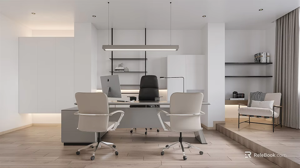 Modern Office Interior With Desk Computer White Office Chairs Pendant Light And Shelves 3d model 