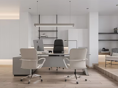 Modern Office Interior With Desk Computer White Office Chairs Pendant Light And Shelves 3d model