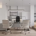 Modern Office Interior With Desk Computer White Office Chairs Pendant Light And Shelves