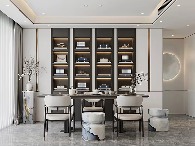 Modern Tea Room Interior Design With Tea Table Chairs Display Shelves Tea Sets And Decorations 3d model