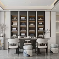 Modern Tea Room Interior Design With Tea Table Chairs Display Shelves Tea Sets And Decorations