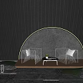 Outdoor Table Setup With White Chairs Near Arched Neon Light Wall Tree And Green Plants