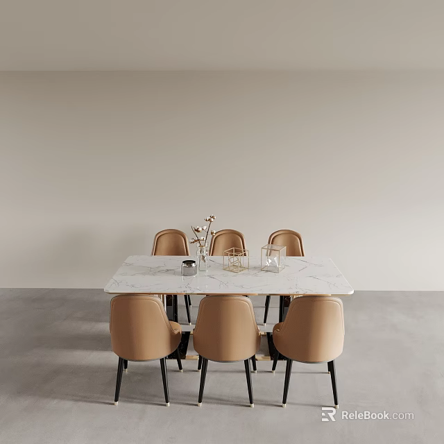 Modern Dining Table Set With Marble Top Beige Chairs And Black Legs 3d model