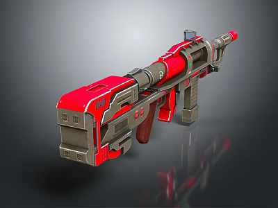Red And Gray Futuristic Sci-Fi Weapon With Barrel Grip And Mechanical Details 3d model