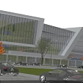Modern Car Dealership with Contemporary Exterior and Red Sports Car Display and Auto Service Billboard