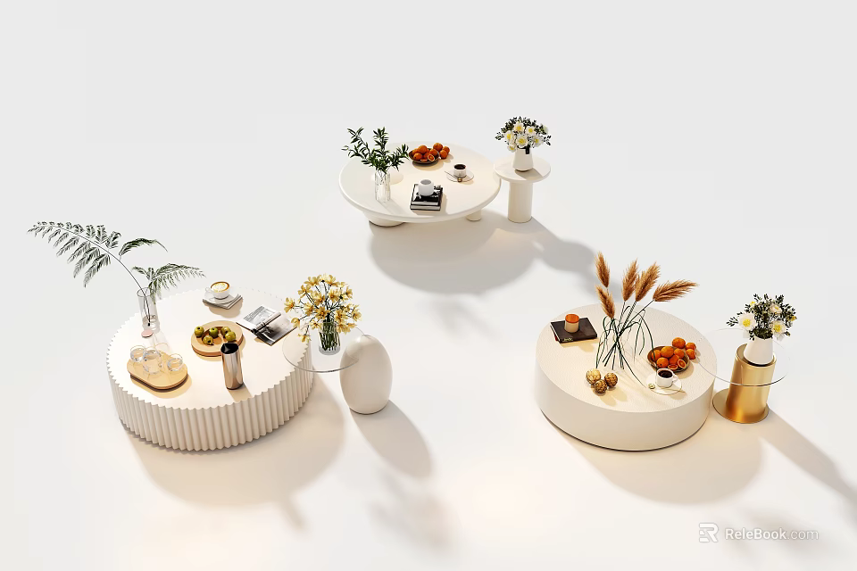 White Modern Coffee Tables With Green Plants Vases Fruits And Books 3d model 